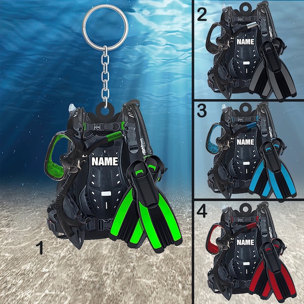 Personalized Scuba Diving Equipment Keychain, Scuba Diver Custom Name Flat Keychain For Diver