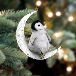 Penguin Sits On The Moon Hanging Flat Ornament, Penguin Ornament Gift,  Penguin  Christmas Gift