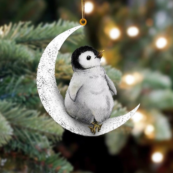 Penguin Sits On The Moon Hanging Flat Ornament, Penguin Ornament Gift,  Penguin  Christmas Gift 2D Flat Ornament