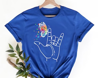 I Love You Hand Sign Language Butterfly Autism Awareness T-Shirt, Autism Mom Shirt, Autism Shirt