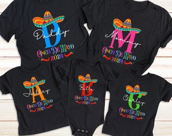 Chemises de famille Cinco de Mayo personnalisées, chemises de Cinco de Mayo monogrammées avec nom, chemises de groupe de Cinco de Mayo personnalisées vacances en famille 2024