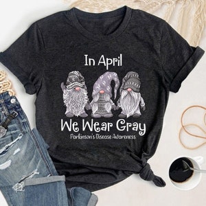 Gnome In April We Wear Gray For Parkinson Awareness Shirt, Gnome Parkinson's Disease Awareness Shirt zdjęcie 1