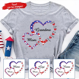 Personalized 4th Of July Mom Grandma And Grandkids Hearts Gift For Grandma Shirt, Patriotic Grandma Shirt Gift