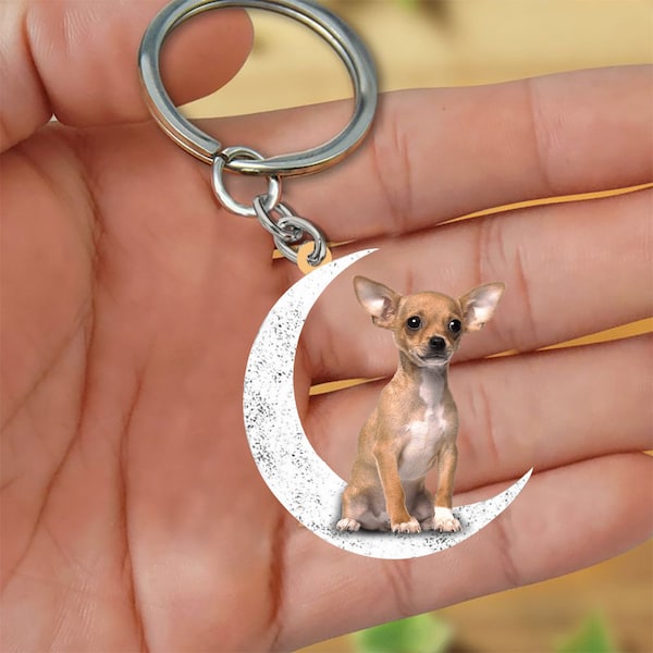 Chihuahua assis sur la lune porte-clés, porte-clés Chihuahua, porte-clés Chihuahua, cadeau d’amant de chien Chihuahua