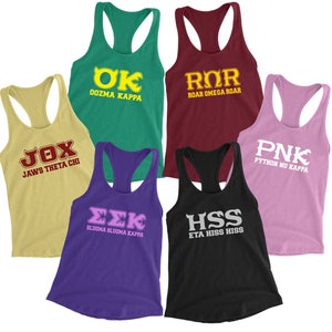 May include: Six different tank tops with various sorority names and acronyms printed on them. The tank tops are in different colors, including green, maroon, purple, black, pink, and yellow.