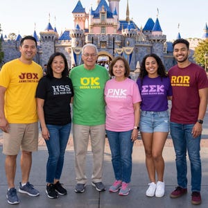 May include: A group of six people wearing colorful t-shirts with Greek-style letters and text in front of a large castle. The shirts are yellow with 'JOX', black with 'HSS', green with 'OK', pink with 'PNK', purple with 'ΣΣΚ', and maroon with 'ROR'.