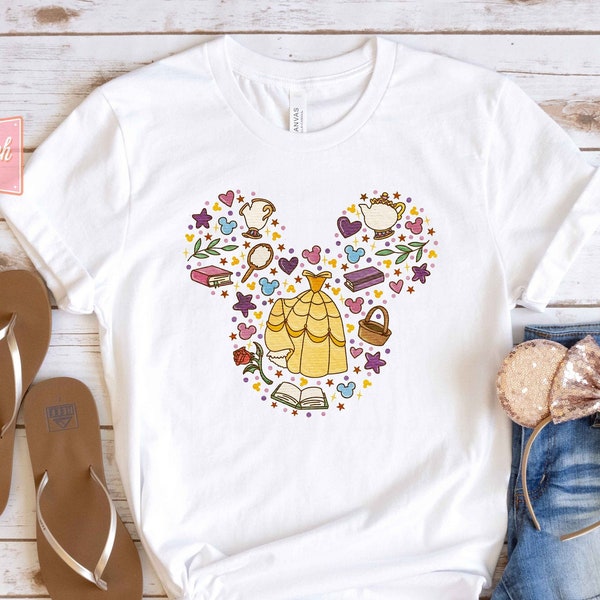 Beauty and the Beast Disney Collage T-shirt, Disney Princess Doodle Collage Shirt, Disney Vacation Shirt