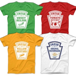 May include: Four t-shirts with different condiment designs. Each shirt features a white ketchup or mustard bottle label with the words "Fresh" and the condiment name. The shirts are green, red, yellow, and white.