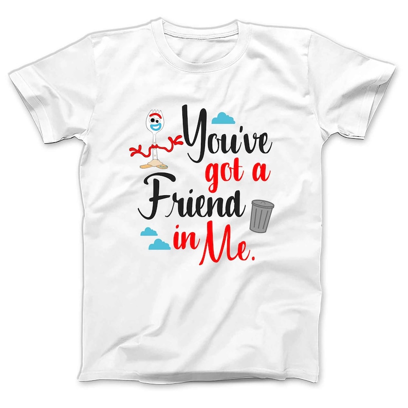 May include: White t-shirt with a cartoon image of a toy character with a red ribbon and a trash can. The text "You've got a Friend in Me" is printed in black and red.