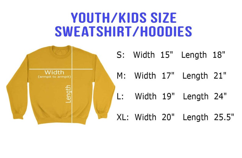 Pu&ograve; includere: Una felpa gialla con una tabella delle taglie che mostra la larghezza e la lunghezza in pollici per le taglie S, M, L e XL. YOUTH/KIDS SIZE SWEATSHIRT/HOODIES.