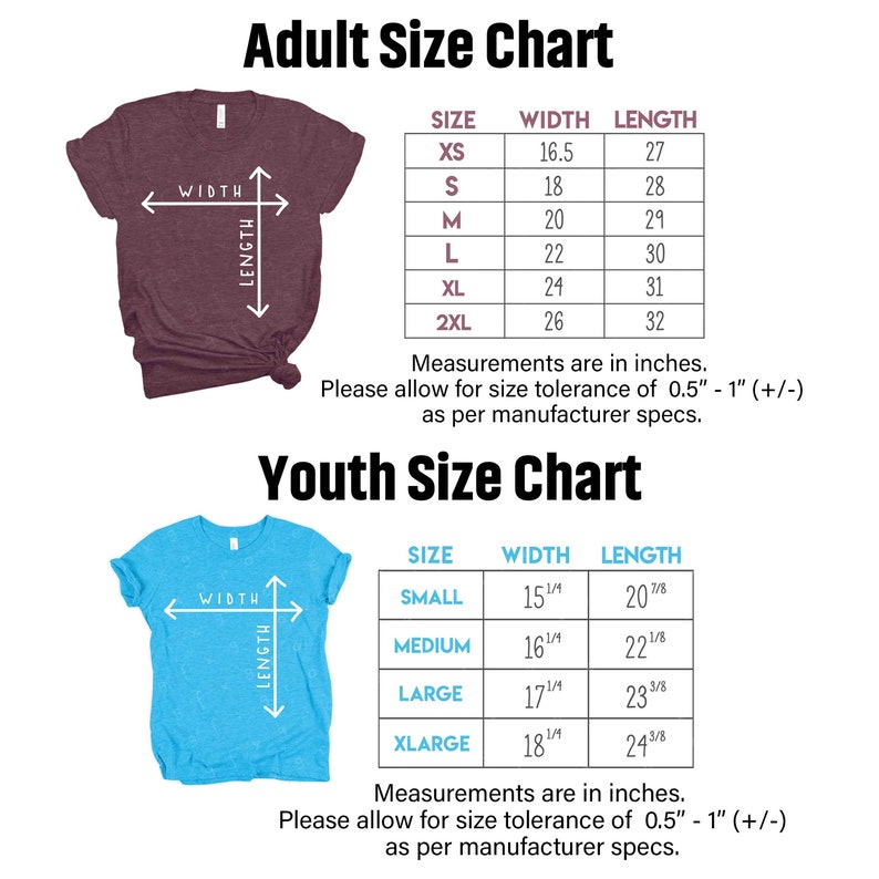 Puede incluir: Tabla de tallas para camisetas de adulto y ni&ntilde;o. La tabla muestra las medidas de ancho y largo en pulgadas para cada talla. La tabla de tallas para adultos es para las tallas XS a 2XL. La tabla de tallas para ni&ntilde;os es para las tallas Small a XLarge.