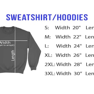 Pu&ograve; includere: Una felpa grigia con una tabella delle taglie che mostra la larghezza e la lunghezza in pollici per le taglie S, M, L, XL, 2XL e 3XL.