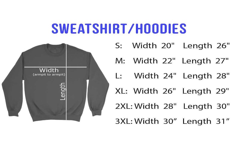 Pu&ograve; includere: Una felpa grigia con una tabella delle taglie che mostra la larghezza e la lunghezza in pollici per le taglie S, M, L, XL, 2XL e 3XL.