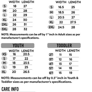 Puede incluir: Tabla de tallas para ropa con medidas en pulgadas para tallas de hombre/unisex, mujer, ni&ntilde;o y beb&eacute;. La tabla incluye medidas de ancho y largo para cada talla.