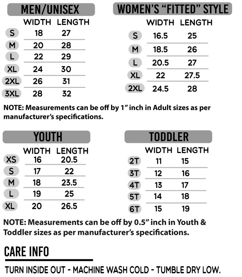 Puede incluir: Tabla de tallas para ropa con medidas en pulgadas para tallas de hombre/unisex, mujer, ni&ntilde;o y beb&eacute;. La tabla incluye medidas de ancho y largo para cada talla.