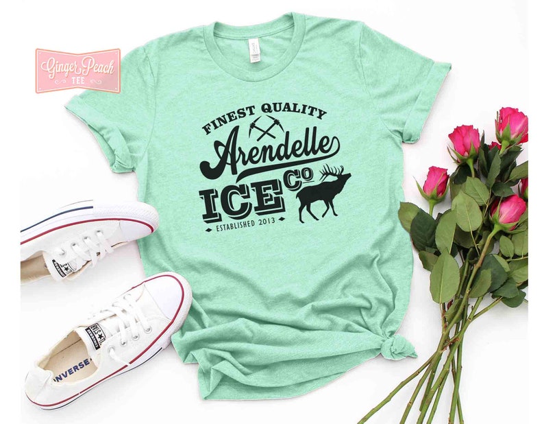 Puede incluir: Una camiseta verde turquesa con un dise&ntilde;o gr&aacute;fico negro que dice "Finest Quality Arendelle Ice Co. Established 2013". El gr&aacute;fico tambi&eacute;n incluye un par de picos cruzados y una silueta de un ciervo.
