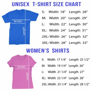 May include: Unisex and women's t-shirt size chart with measurements in inches. The chart shows the width and length of each size from small to 3XL.