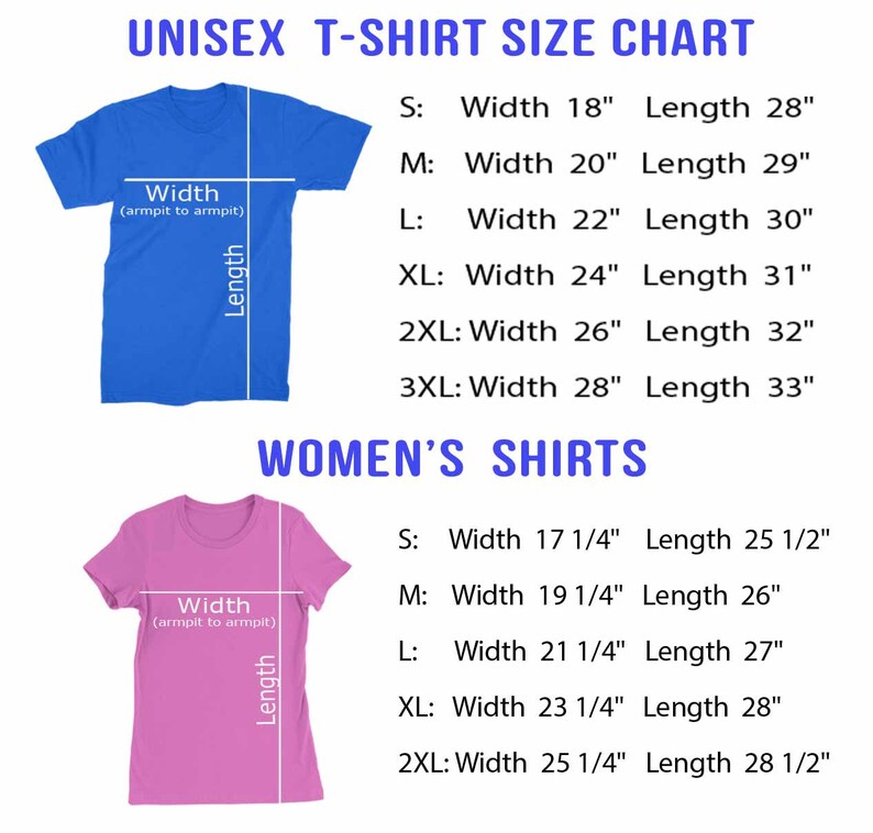 May include: Unisex and women's t-shirt size chart with measurements in inches. The chart shows the width and length of each size from small to 3XL.