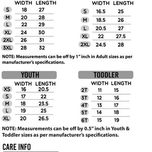 May include: Size chart for clothing with measurements in inches for men's/unisex, women's, youth, and toddler sizes. The chart includes width and length measurements for each size.