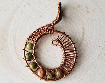Copper and unakite wire wrapped pendant