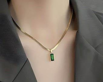 Gold Green Crystal Rectanglular Necklace - 316L Gold Stainless Steel Herringbone Chain, Emerald Green Cubic Zirconia Pendant, May Birthstone