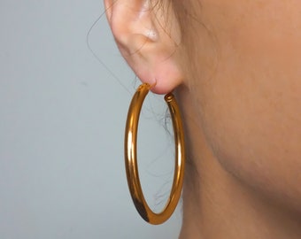 Gold Stainless Steel Hoop Earrings - Round Thick Gold Hoops - Plain Gold Hoop Earrings - 2 inches | 50 mm