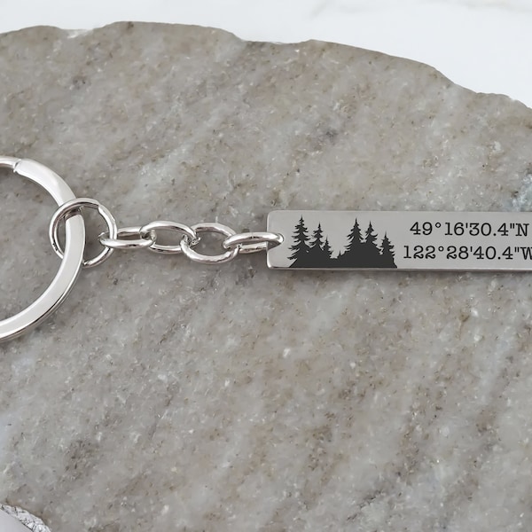 Custom Coordinates Keychain - Latitude Longitude Keychain - Forest Trees Key Ring - Personalized Coordinates Gifts for Men or Women