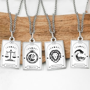 Major Arcana Tarot Necklace, Stainless Steel Tarot Card Charm, Tarot Card Earrings, Tarot Keychain, Witchy Justice Temperance Strength Death
