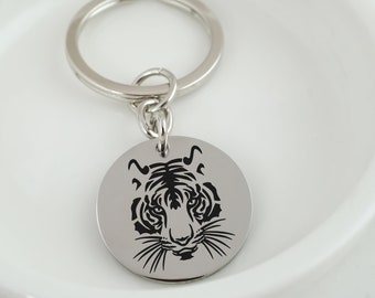 Tiger Keychain - Tiger Gifts for Men or Women - Stainless Steel Laser Engraved Tiger Face Charm Key Chain - Animal Keychain