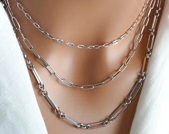 Silver Paper Clip Chain Necklace - Stainless Steel Paperclip Necklace - Layering Necklace - Thin and Thick Paper Clip Necklace