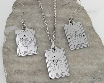 Tarot Card Necklace and Earrings Set, Stainless Steel Tarot Card Earrings, Tarot Necklace, Witchy Necklace, The High Priestess Necklace