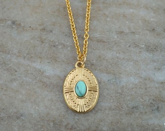 Gold Turquoise Necklace - Oval Turquoise Necklace - Gold Stainless Steel Oval Medallion Necklace - Unique Turquoise Charm Necklace