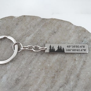 Custom Coordinates Keychain - Latitude Longitude Keychain - Forest Trees Key Ring - Personalized Coordinates Gifts for Men or Women