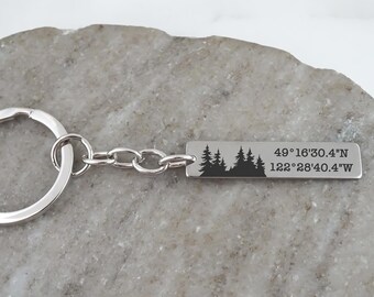 Custom Coordinates Keychain: Engraved Forest Tree Key Ring with Pesronalized Longitude and Latitude