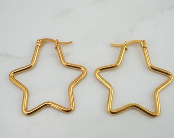 Gold Stainless Steel Star Hoop Earrings - 35mm Star Hoops - Simple Gold Star Hoop Earrings