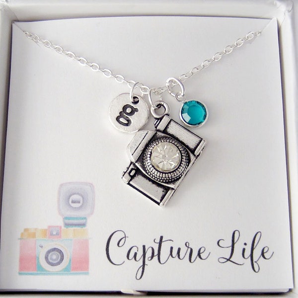 Camera Necklace - Personalized Photographer Gift - Photography Jewelry - Monogram Initial and Swarovski Birthstone - Capture Life