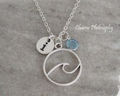 Wave Necklace - Personalized Monogram Initial and Swarovski Birthstone - Antique Silver Jewelry - Round Wave Silhouette Charm