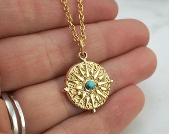 Gold Turquoise Necklace - Round Turquoise Necklace - Gold Stainless Steel Round Medallion Necklace - Vintage Inspired Necklace