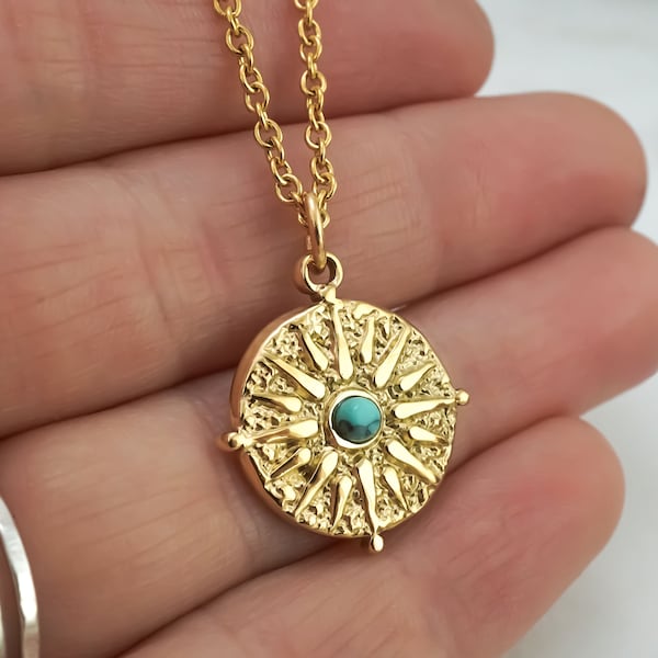 Gold Turquoise Necklace - Round Turquoise Necklace - Gold Stainless Steel Round Medallion Necklace - Vintage Inspired Necklace