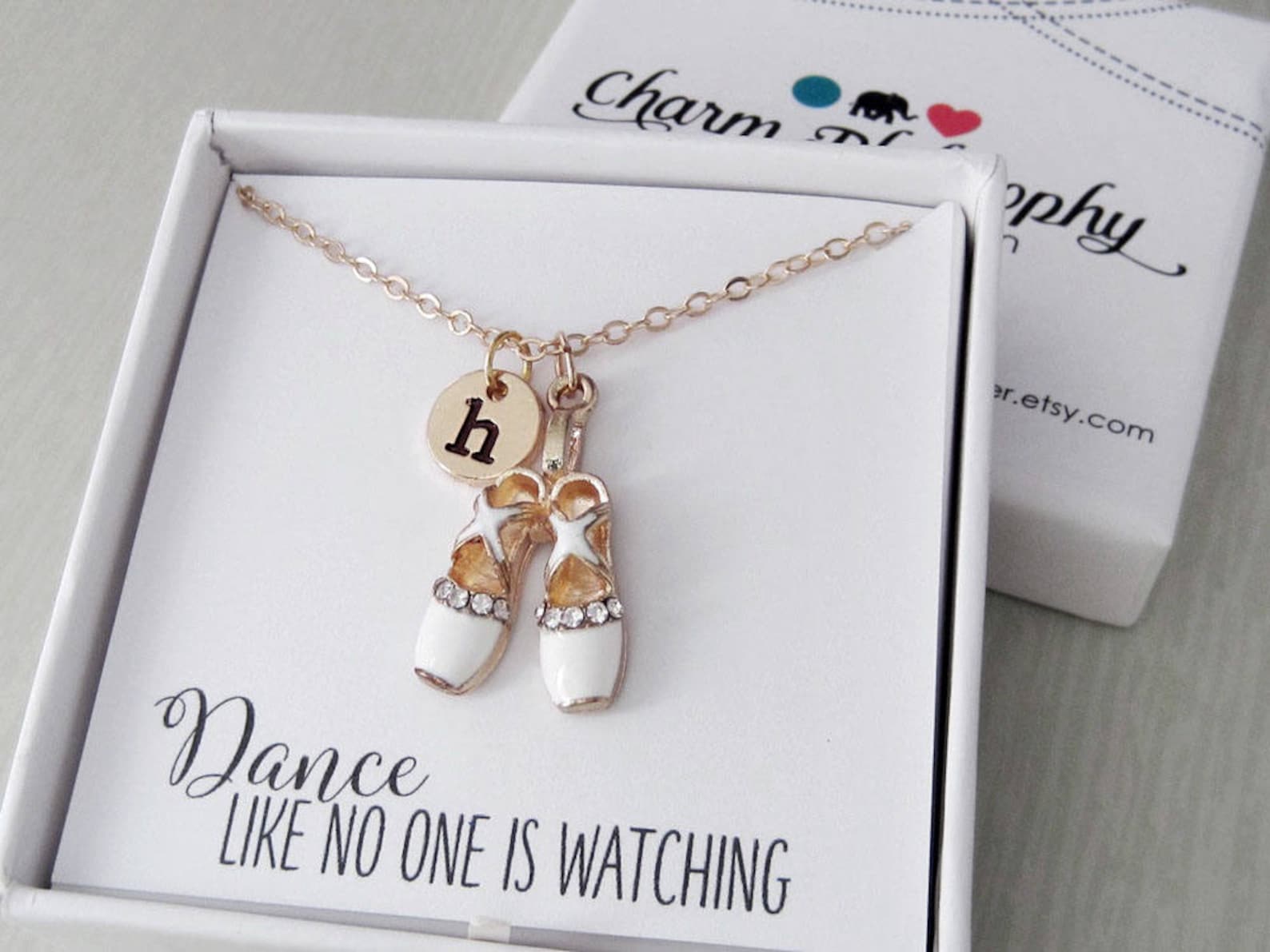 white ballet slippers necklace - personalized monogram initial charm - ballerina gifts - ballet shoes pendant