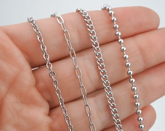 Stainless Steel Chain Necklace or Bracelet Womens or Mens Silver Jewelry Stainless Steel Curb Chain Ball Chain Cable Chain Paper Clip Chain