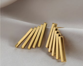 Unique Geometric Earrings - Gold Stainless Steel Accordian Style Stud Earrings - 5 Vertical Bar Earrings - Drop Geometric Studs