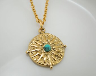 Gold Turquoise Necklace - Round Turquoise Necklace - Gold Stainless Steel Round Medallion Necklace - Vintage Inspired Necklace