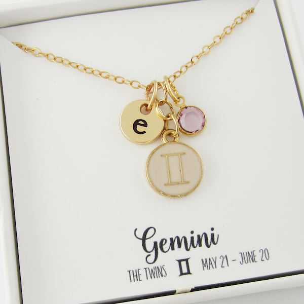Gemini Necklace - Zodiac Necklace - Gemini Jewelry - Horoscope Gifts - Gold and Pink Jewelry - Personalized Monogram Initial and Birthstone