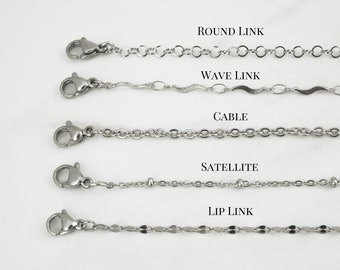 Stainless Steel Chain Necklace - Silver Cable Chain, Round Link Chain, Wavy Link Chain, Silver Lip Link Chain, Satellite Chain Necklace