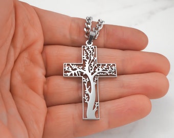 Silver Tree Cross Necklace - Unique Cross Tree Necklace - Women's and Men's Religious Jewelry - Stainless Steel Curb Chain