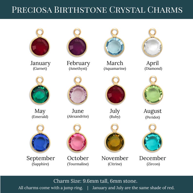 May include: Twelve round Preciosa birthstone crystal charms in gold-tone settings with jump rings, arranged in a grid. Each charm corresponds to a month and gemstone name, including Garnet, Amethyst, Aquamarine, Diamond, Emerald, Alexandrite, Ruby, Peridot, Sapphire, Tourmaline, Citrine, and Zircon. Charm size is 9.6mm tall with a 6mm stone.