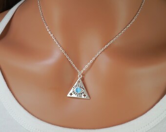 Silver All Seeing Eye Necklace - Third Eye Necklace - Stainless Steel Evil Eye Necklace - Geometric Triangle Necklace - Pyramid Necklace