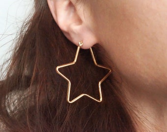 Gold Star Hoop Earrings - 35mm Star Hoops - Simple Gold Star Hoop Earrings - Stainless Steel Star Earrings