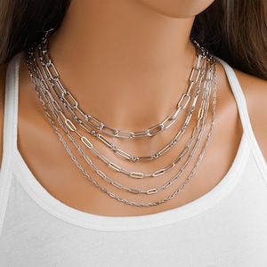 Paperclip Necklace - Stainless Steel Paperclip Chain Necklace - Thin and Chunky Silver Paper Clip Chain Necklace for Women and Men